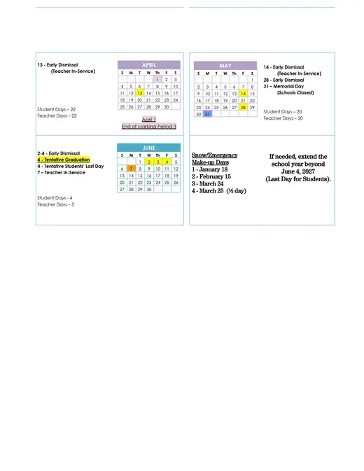 Jim Thorpe Area School District 2026–2027 Academic Calendar Page 2