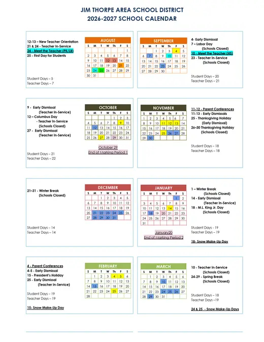Jim Thorpe Area School District 2026–2027 Academic Calendar Page 1
