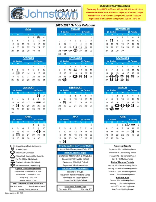 Johnstown School District 2026–2027 Academic Calendar
