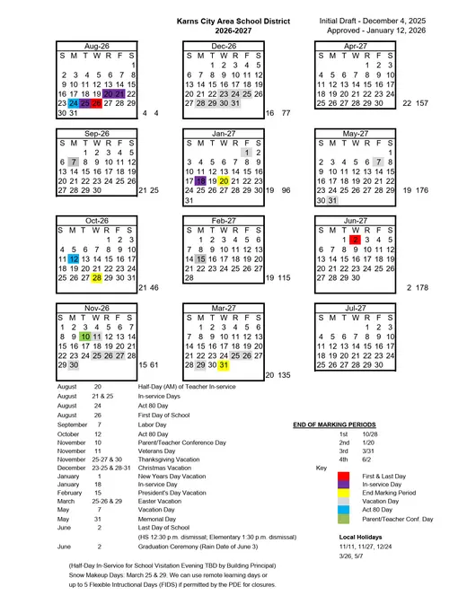 Karns City Area School District 2026–2027 Academic Calendar Page 1
