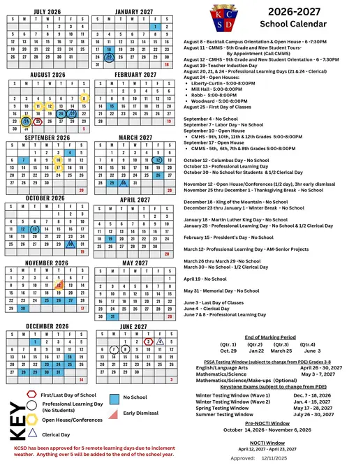 Keystone Central School District 2026–2027 Academic Calendar