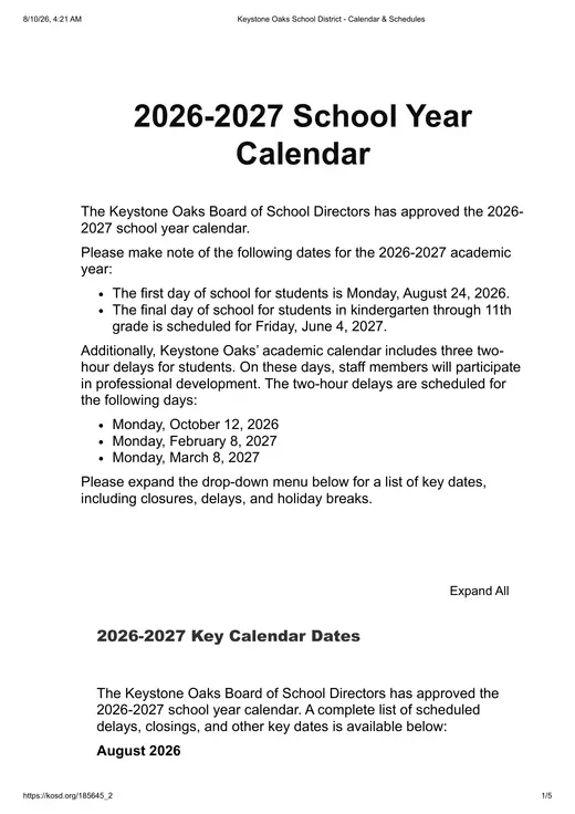 Keystone Oaks School District 2026–2027 Academic Calendar Page 1