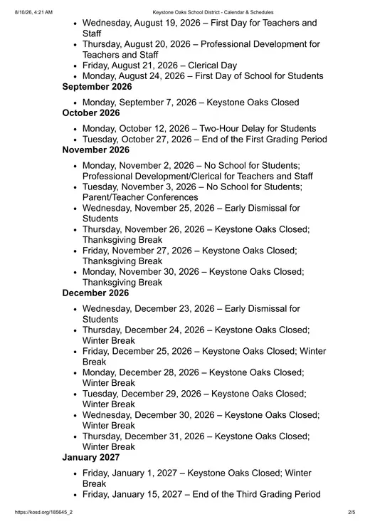 Keystone Oaks School District 2026–2027 Academic Calendar Page 2