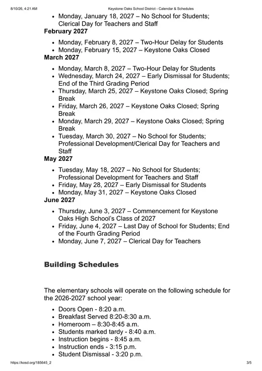 Keystone Oaks School District 2026–2027 Academic Calendar Page 3