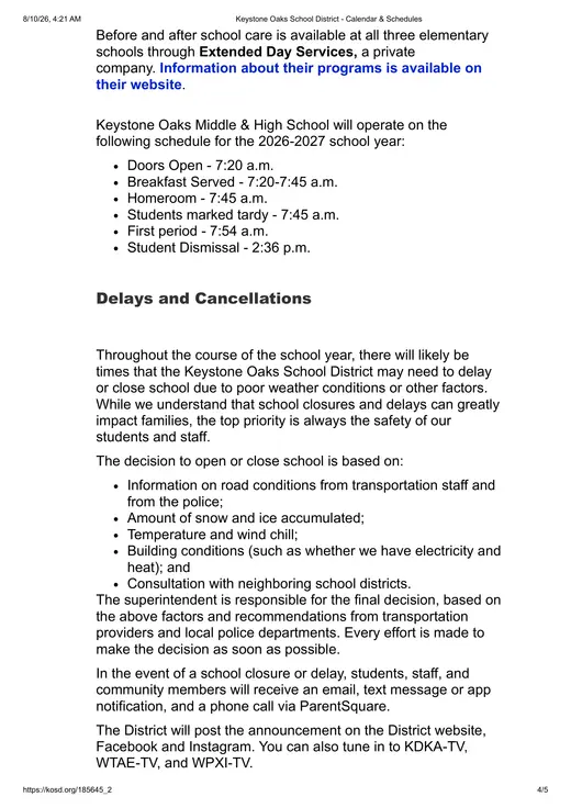 Keystone Oaks School District 2026–2027 Academic Calendar Page 4