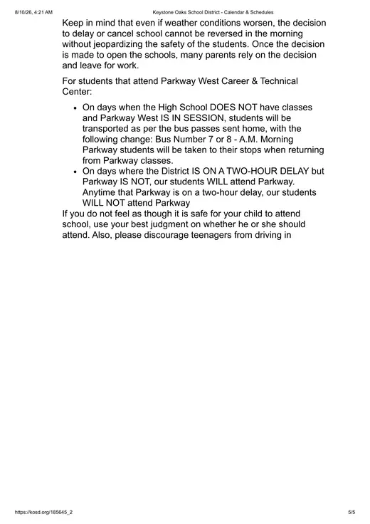 Keystone Oaks School District 2026–2027 Academic Calendar Page 5