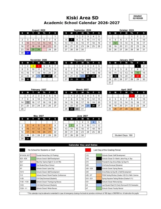 Kiski Area SD 2026–2027 Academic Calendar