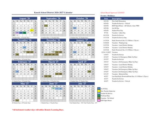 Knoch School District 2026–2027 Academic Calendar