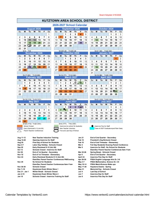 Kutztown Area School District 2026–2027 Academic Calendar Page 1