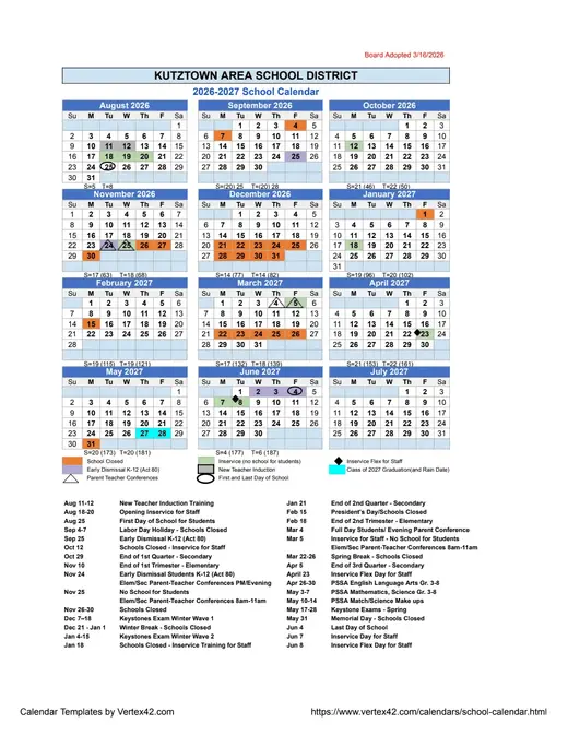 Kutztown Area School District 2026–2027 Academic Calendar Page 2