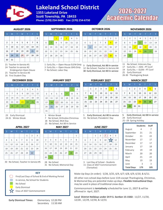 Lakeland School District 2026–2027 Academic Calendar