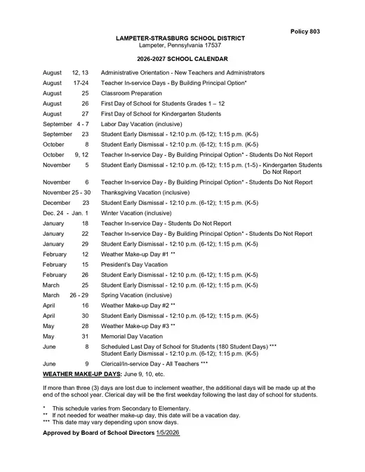 Lampeter-Strasburg School District 2026–2027 Academic Calendar Page 1