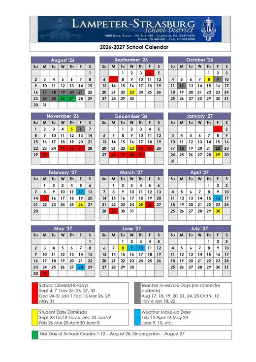 Lampeter-Strasburg School District 2026–2027 Academic Calendar Page 2