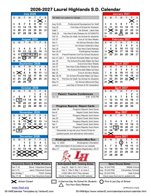 Laurel Highlands S.D 2026–2027 Academic Calendar