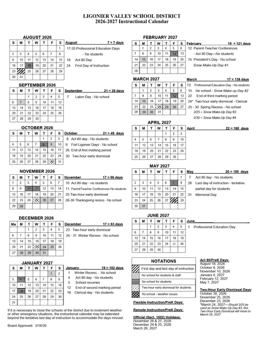Ligonier Valley School District 2026–2027 Academic Calendar Page 1