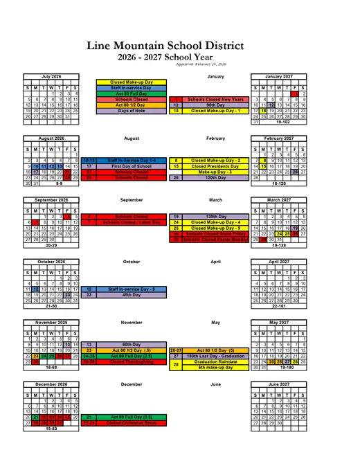 Line Mountain School District 2026–2027 Academic Calendar Page 1