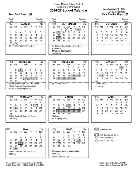 Lower Merion School District 2026–2027 Academic Calendar