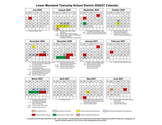 Lower Moreland Township School District 2026–2027 Academic Calendar Page 1