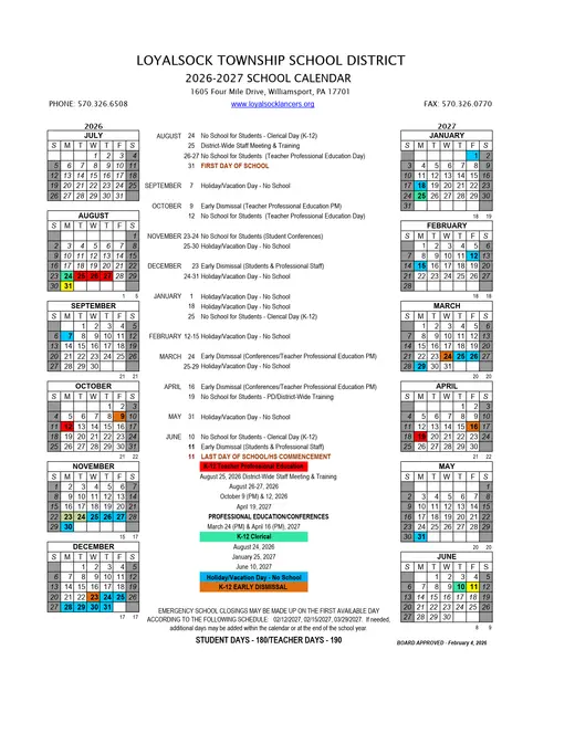 Loyalsock Township School District 2026–2027 Academic Calendar Page 1