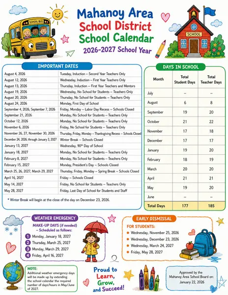 Mahanoy Area School District 2026–2027 Academic Calendar Page 1