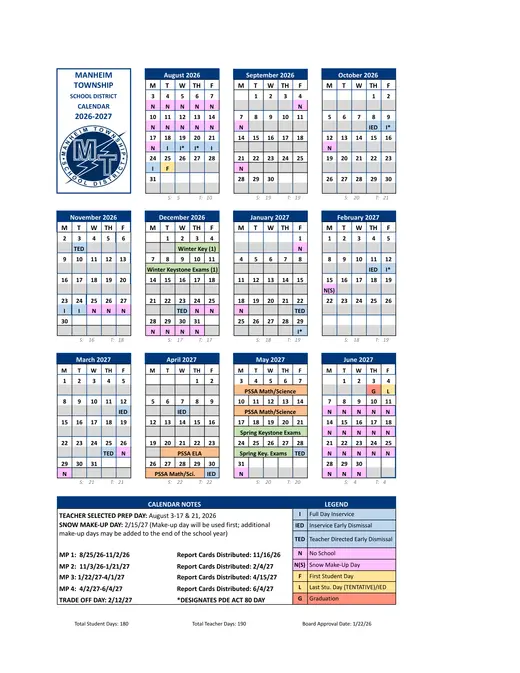 Manheim Township School District 2026–2027 Academic Calendar