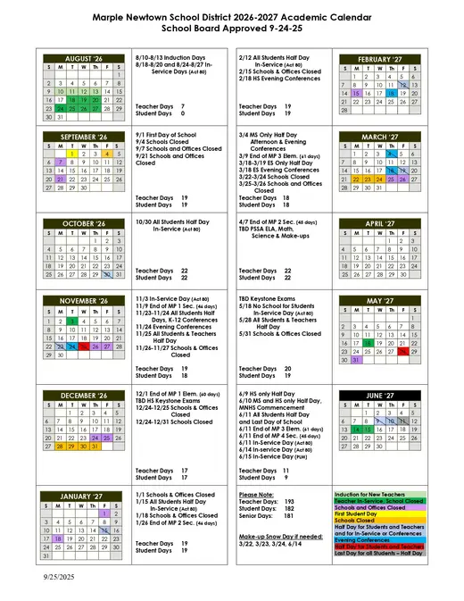 Marple Newtown School District 2026–2027 Academic Calendar