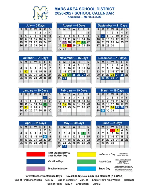 Mars Area School District 2026–2027 Academic Calendar Page 1
