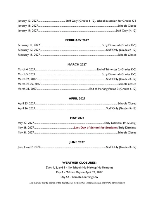 Mechanicsburg Area School District 2026–2027 Academic Calendar Page 2