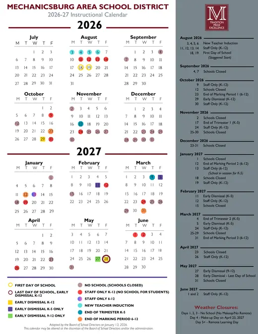 Mechanicsburg Area School District 2026–2027 Academic Calendar Page 3