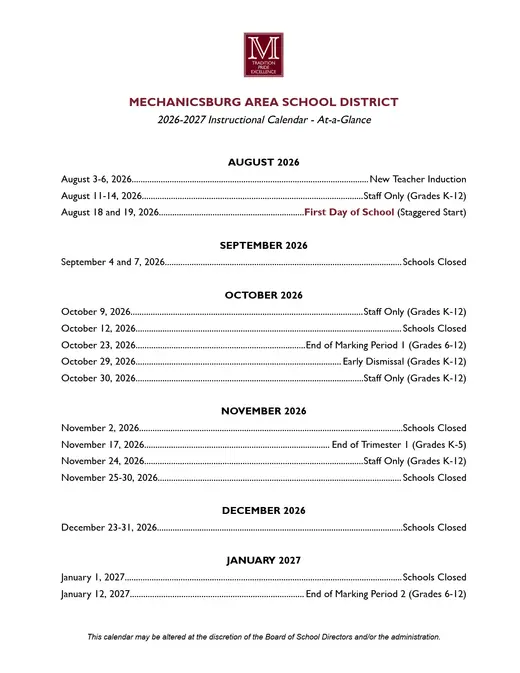 Mechanicsburg Area School District 2026–2027 Academic Calendar Page 1