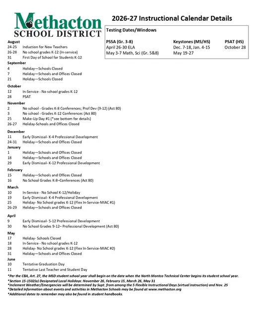 Methacton School District 2026–2027 Academic Calendar Page 1
