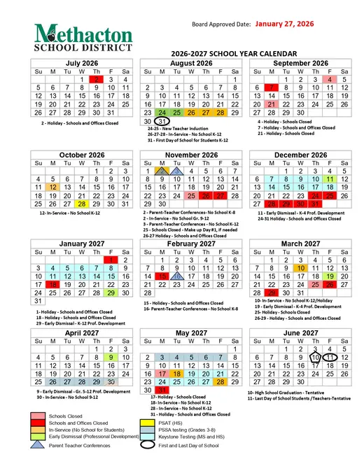 Methacton School District 2026–2027 Academic Calendar Page 2