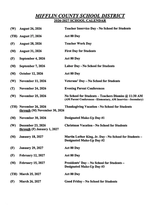 Mifflin County School District 2026–2027 Academic Calendar Page 1