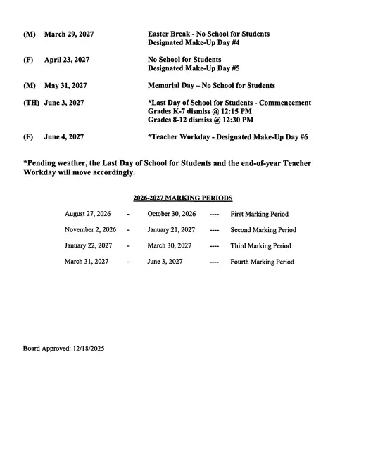 Mifflin County School District 2026–2027 Academic Calendar Page 2