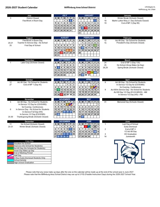 Mifflinburg Area School District 2026–2027 Academic Calendar Page 1