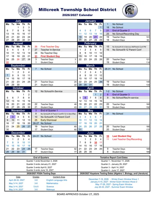 Millcreek Township School District 2026–2027 Academic Calendar