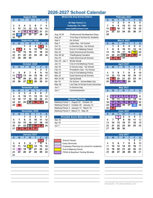 Minersville Area School District 2026–2027 Academic Calendar Page 1