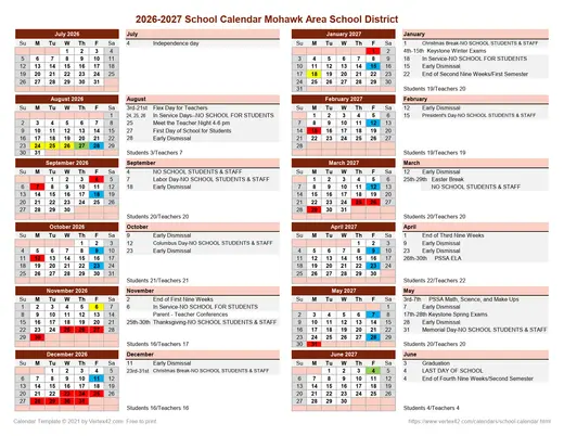 Mohawk Area School District 2026–2027 Academic Calendar Page 1