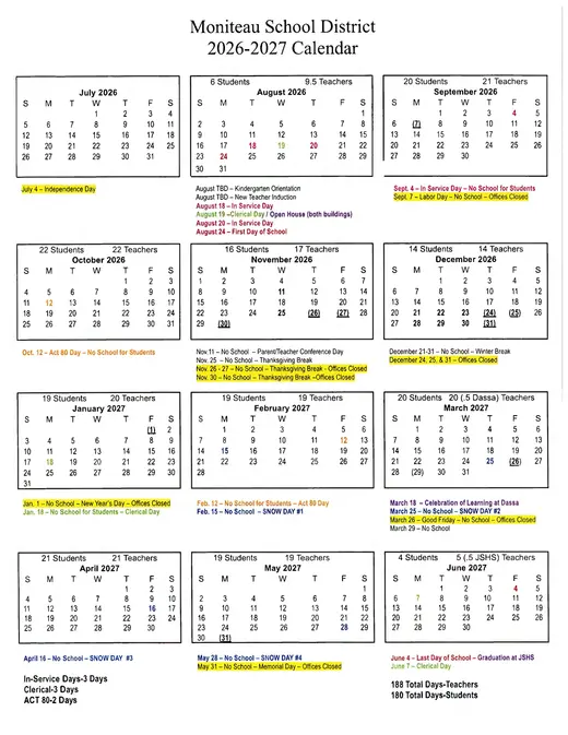 Moniteau School District 2026–2027 Academic Calendar Page 1