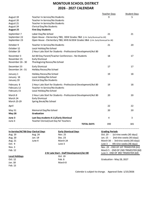 Montour School District 2026–2027 Academic Calendar