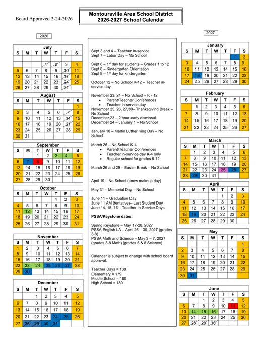 Montoursville Area School District 2026–2027 Academic Calendar