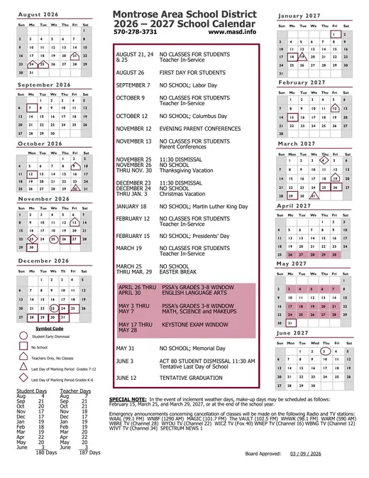 Montrose Area School District 2026–2027 Academic Calendar