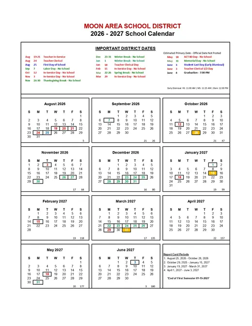 Moon Area School District 2026–2027 Academic Calendar