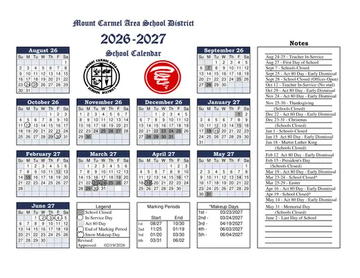 Mount Carmel Area School District 2026–2027 Academic Calendar