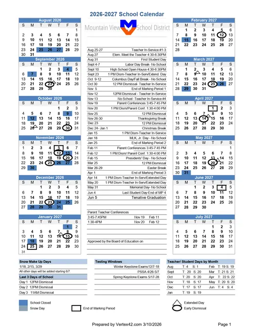 Mountain View School District 2026–2027 Academic Calendar Page 1