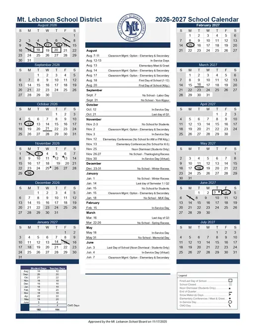 Mt. Lebanon School District 2026–2027 Academic Calendar