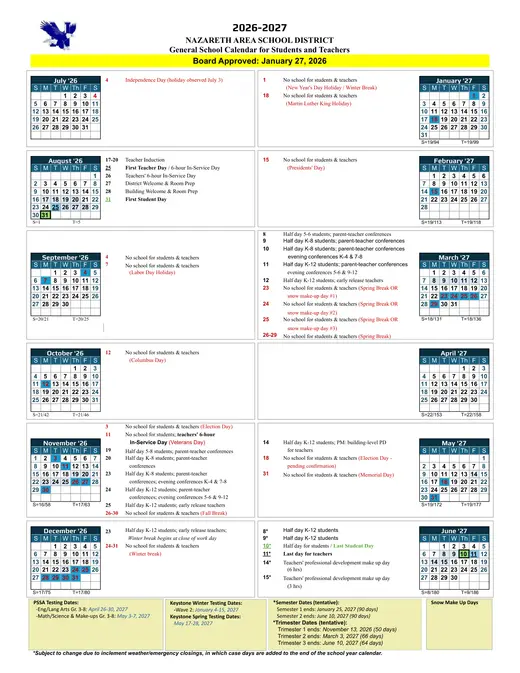 Nazareth Area School District 2026–2027 Academic Calendar
