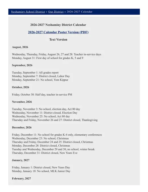 Neshaminy School District 2026–2027 Academic Calendar Page 1
