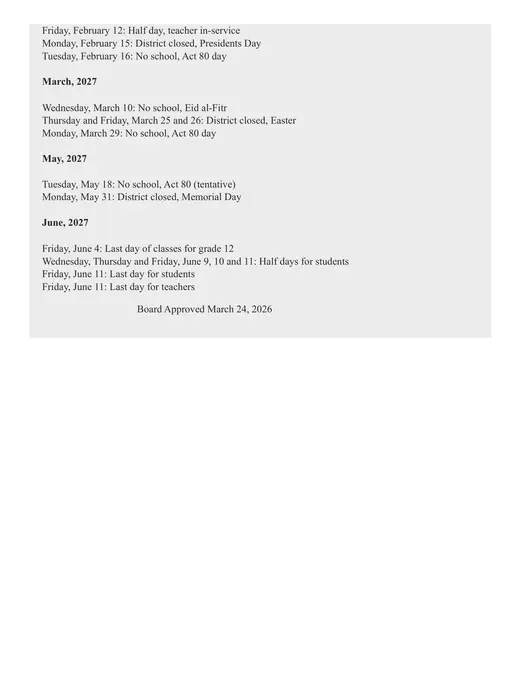 Neshaminy School District 2026–2027 Academic Calendar Page 2