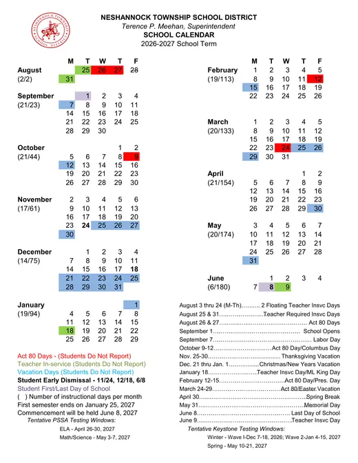 Neshannock Township School District 2026–2027 Academic Calendar